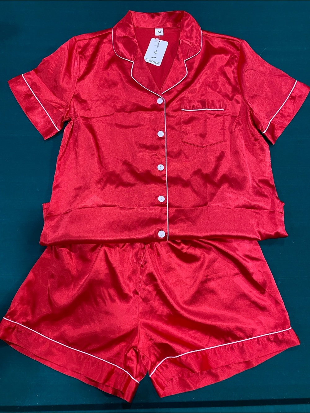 Red Satin Short Pajama Set with Contrast Piping